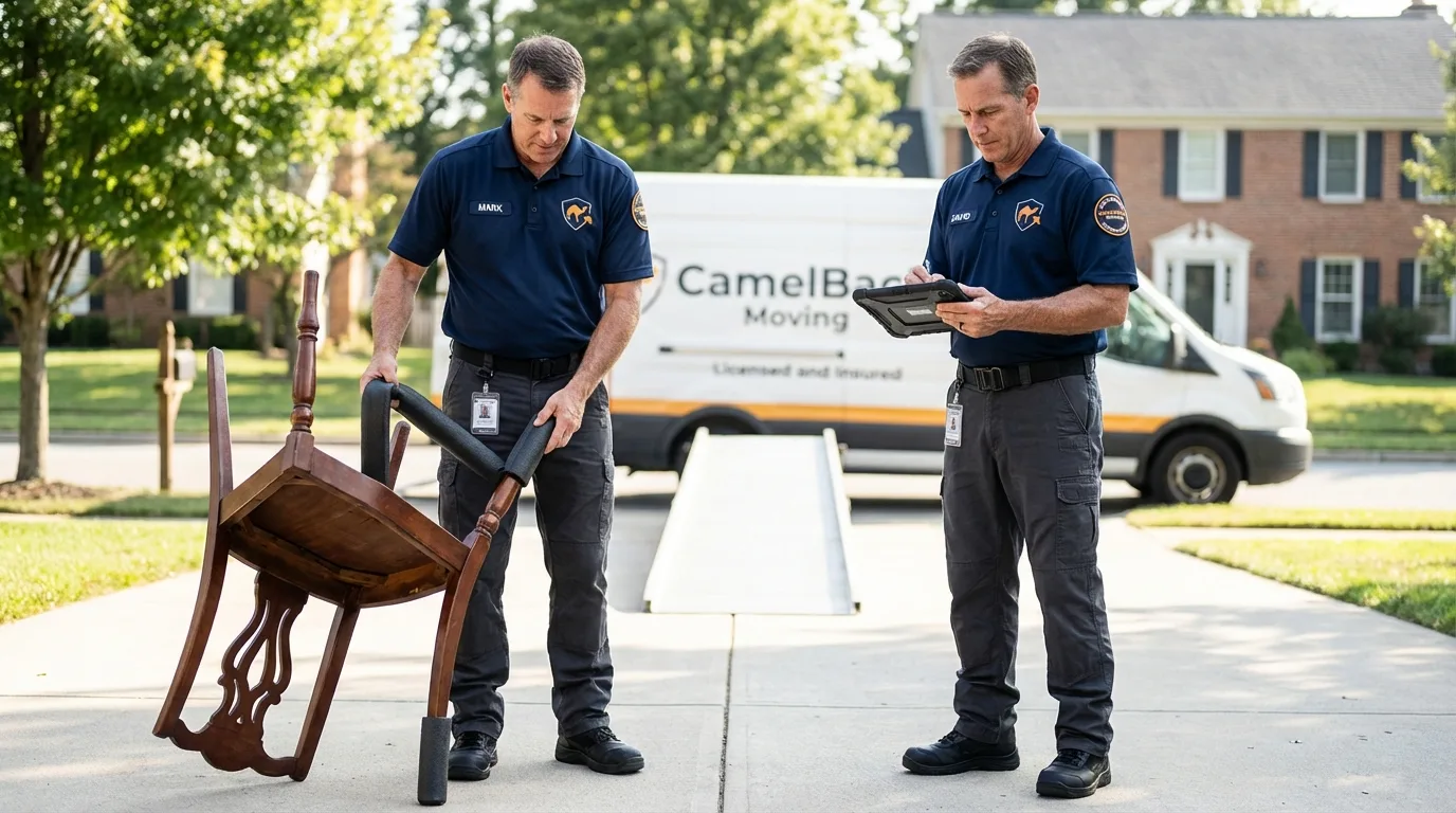 Movers inspecting furniture for damage prevention before loading in Spencer, IN